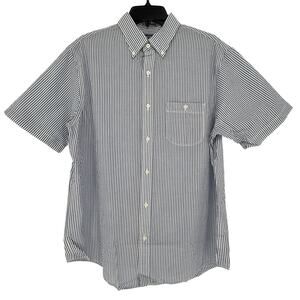 Land's End Men's Seersucker Casual Shirt Button Down Short Sleeve Blue White